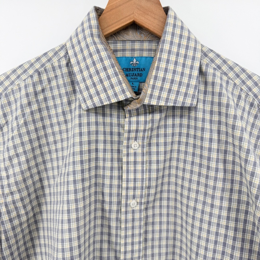 Christian Aujard Button Down Shirt Mens L Blue Yellow‎ Plaid Paisley Flip Cuff - Picture 8 of 11
